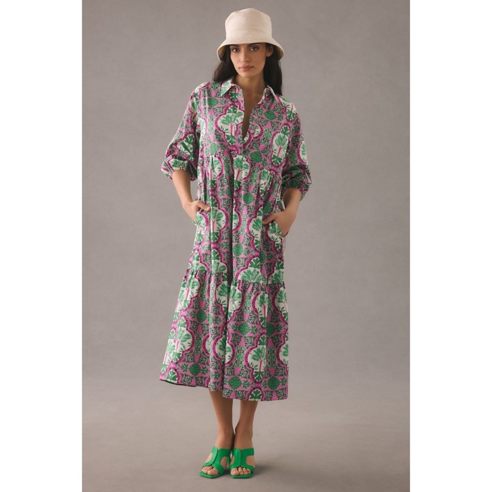 Maeve by Anthropologie Bettina Tiered Shirt Dress Sz M Pink Multi Boho Cottage